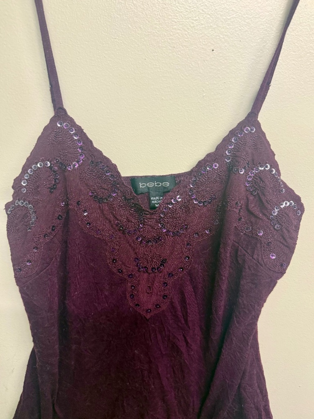 Bebe Purple Sequin & Lace Tank Top | Spaghetti Strap Camisole - Picture 3 of 4
